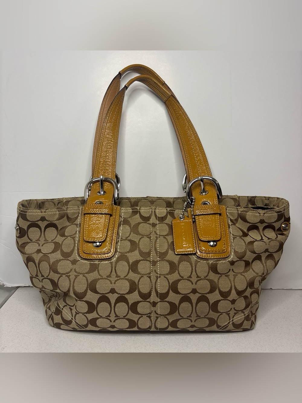 Vintage Coach Y2K Signature Brown Tote Bag with Leather Details F13117